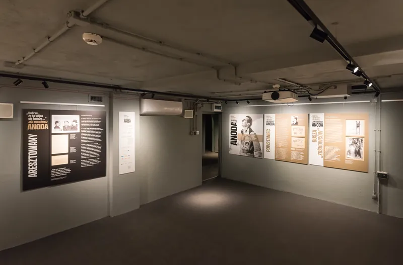 Sala ekspozycyjna poświęcona Janowi Rodowiczowi Anodzie, żołnierzowi Armii Krajowej więzionemu w Celach Bezpieki, z planszami biograficznymi