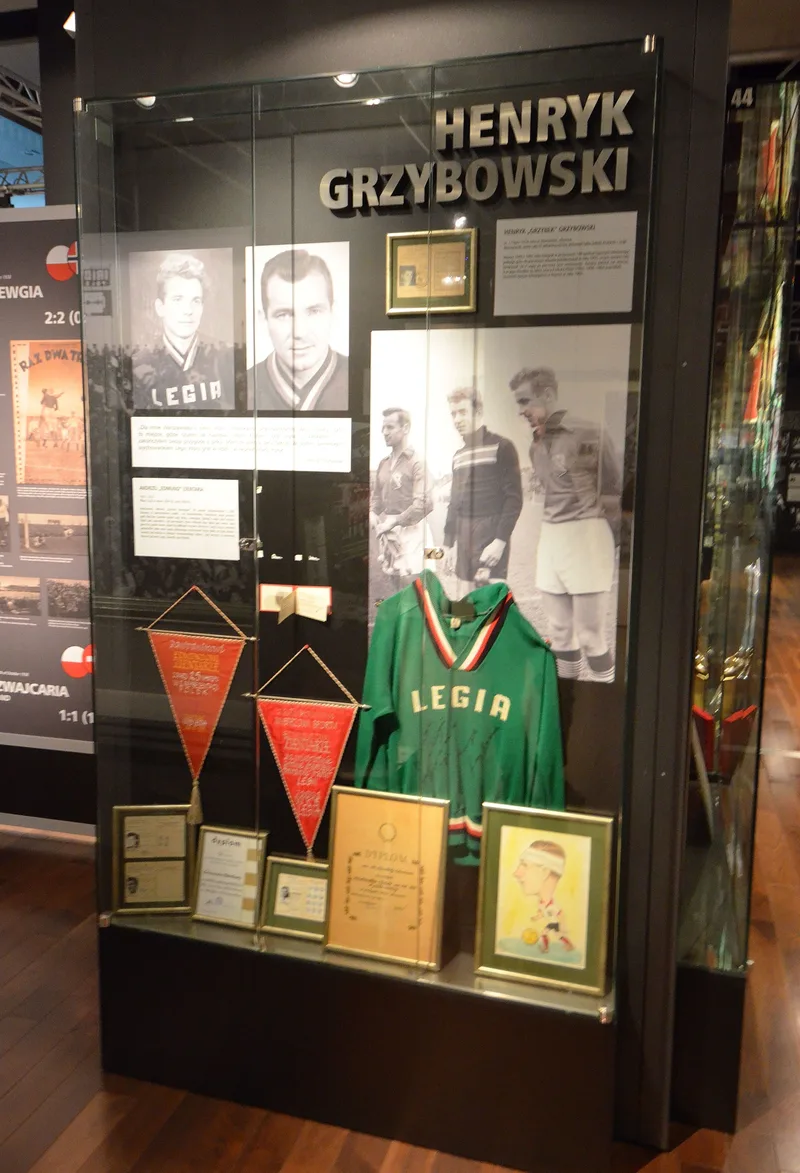 Gablota poświęcona Henrykowi Grzybowskiemu w Muzeum Legii Warszawa z zieloną koszulką i pamiątkami