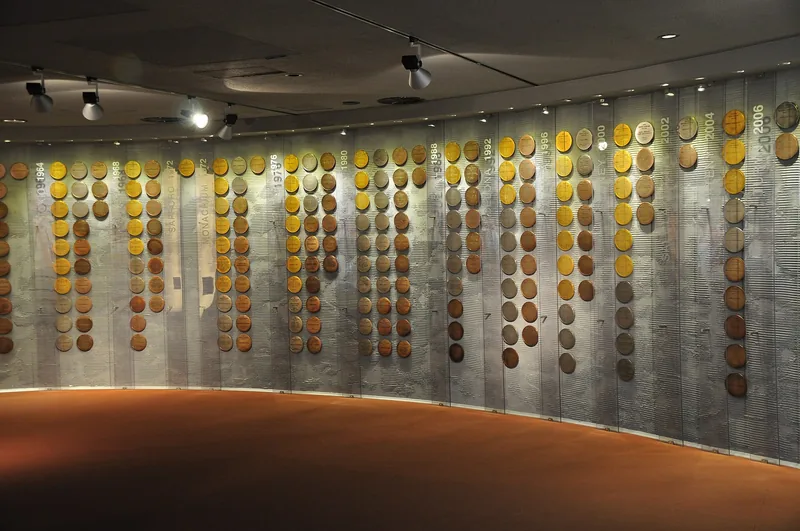 Zakrzywiona ściana w Muzeum Sportu i Turystyki z rzędami medali olimpijskich polskich sportowców, opisanymi rocznikami igrzysk