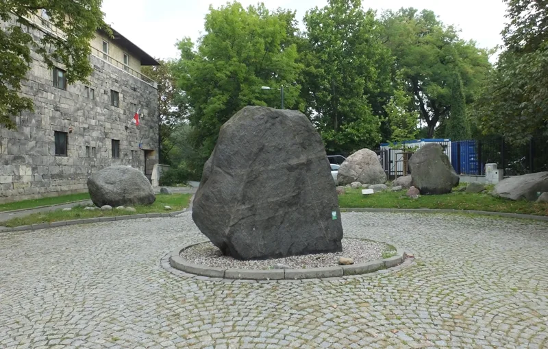 Erratic boulders displayed in the garden surrounding the museum