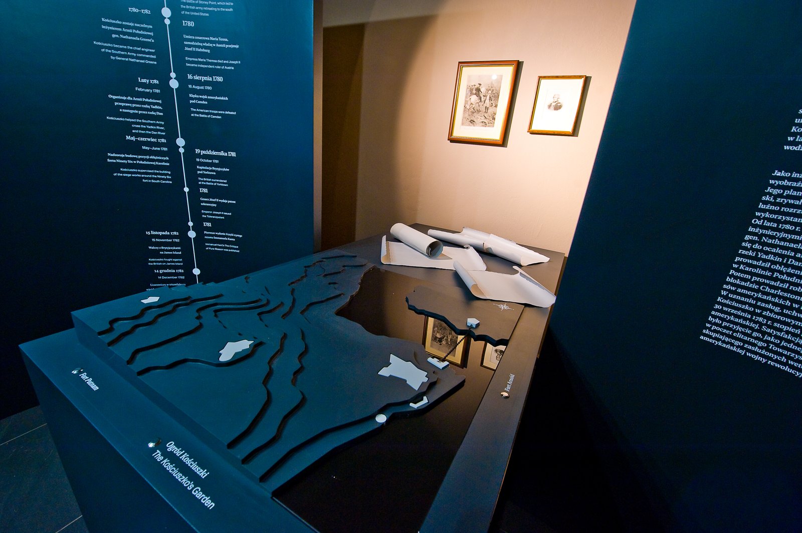 A relief model of West Point with Fort Putnam and Kościuszko's Garden, and framed prints in the Kościuszko Museum exhibition at the Kościuszko Mound